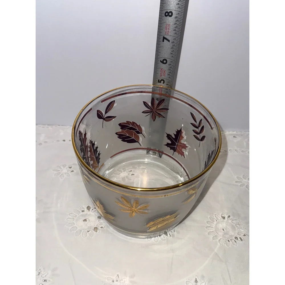 Libbey Golden Foliage 8 Rocks Glasses Ice Bucket Brass Caddy Set Vintage MCM